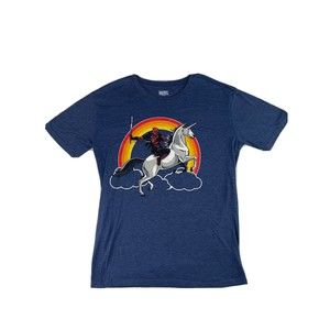 Marvel Deadpool Riding A Unicorn On A Rainbow Blue Tee Size Small